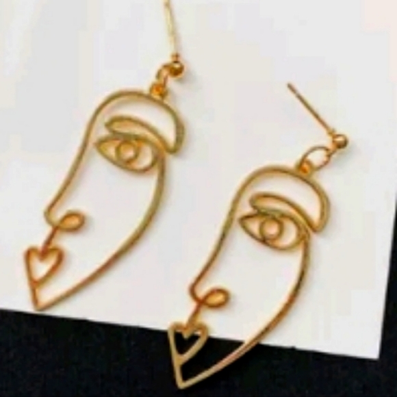 Gold Abstract Cut Out Face Earrings - Picture 3 of 4
